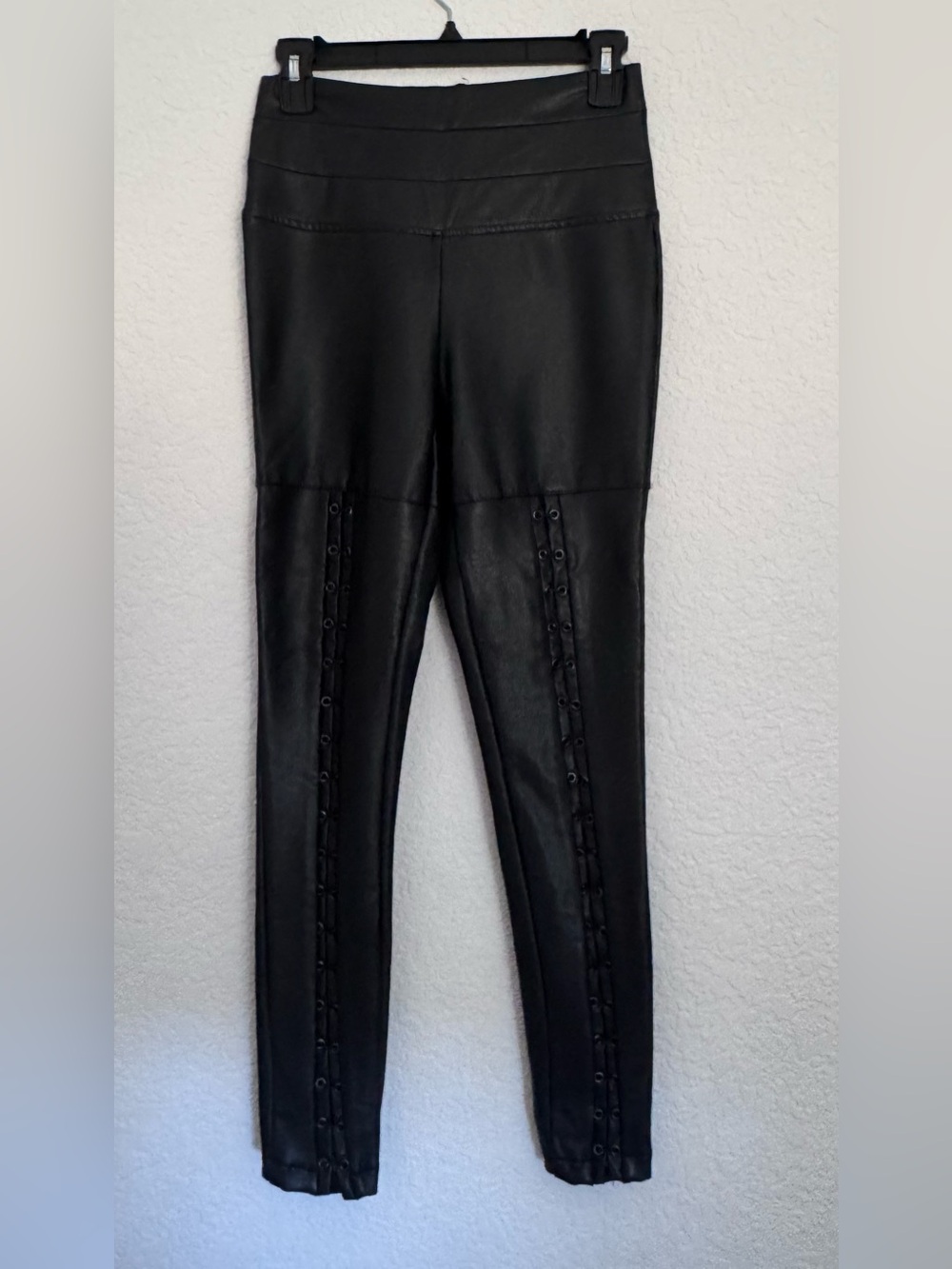 Y2K bebe Black Faux Leather Leggings with Lace-Up Side Trim
